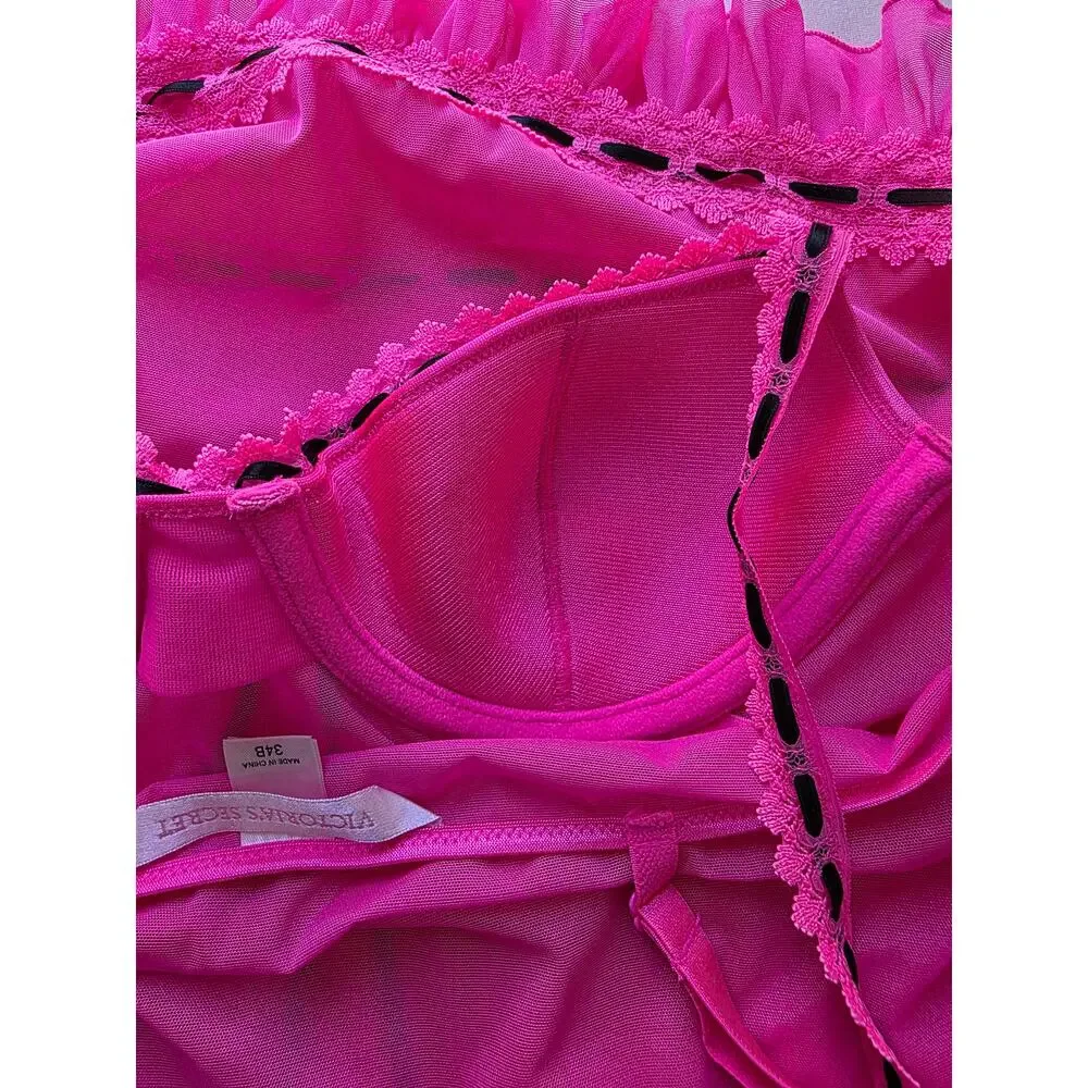 VS Hot Pink Sexy Mesh Lace-Detail Lingerie